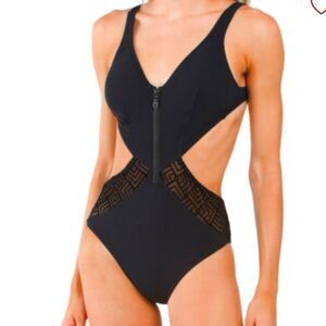 GOTTEX Women's Black Side Cutout Zip Front One-Piece Swimsuit sz 8